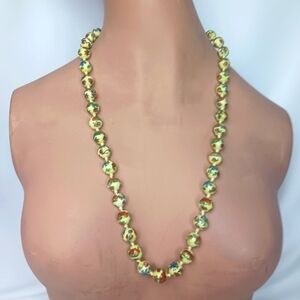 Vintage Chinese Cloisonne Yellow Base Floral Hand Knotted Necklace.